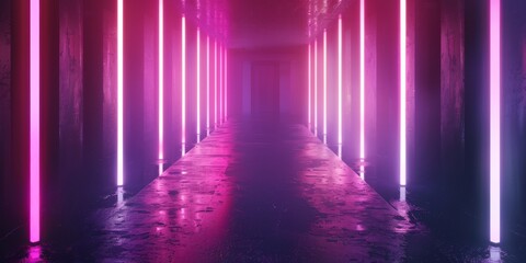 Fototapeta premium Laser Show, Stage Neon, Retro, Modern Sci Fi, Futuristic Elegant Future, Concrete Corridor, Dark Empty Showcase, Studio Room, Garage, Hallway, Portal, 3D Rendering Illustration. High quality photo