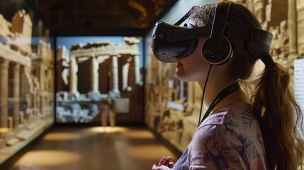 Visitors marvel at a virtual reconstruction of a historical site using virtual reality headsets to explore the architecture and learn about its significance.