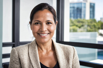 Middle-aged indigenous female consultant excels in corporate management and consulting services. With a confident smile, she leads successful projects, offering expertise in finance and insurance.