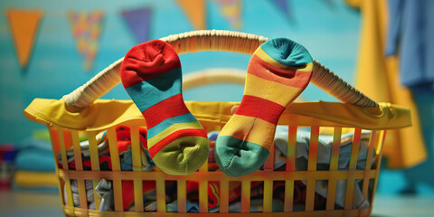 A pair of colorful socks dance playfully in a laundry basket, ready to be worn by their favorite person