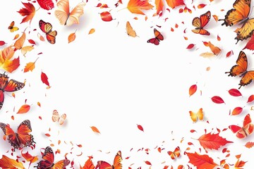 Butterflies and autumn leaves in a white background with orange and red hues