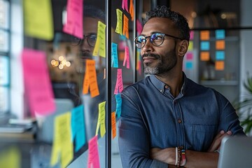 Full body photo of mature male Hispanic office worker brainstorming with sticky notes in an office