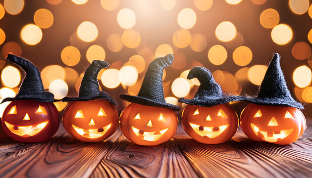 halloween, k&uuml;rbisse, gesicht, Hexenhut, hut, hexen, neu, close up, hintergrund, orange, bokeh, 2024, copy space, werbetafel, kulisse, konzept, vibrant, holz, h&ouml;lzern, holztafel, feier, party, modern, 