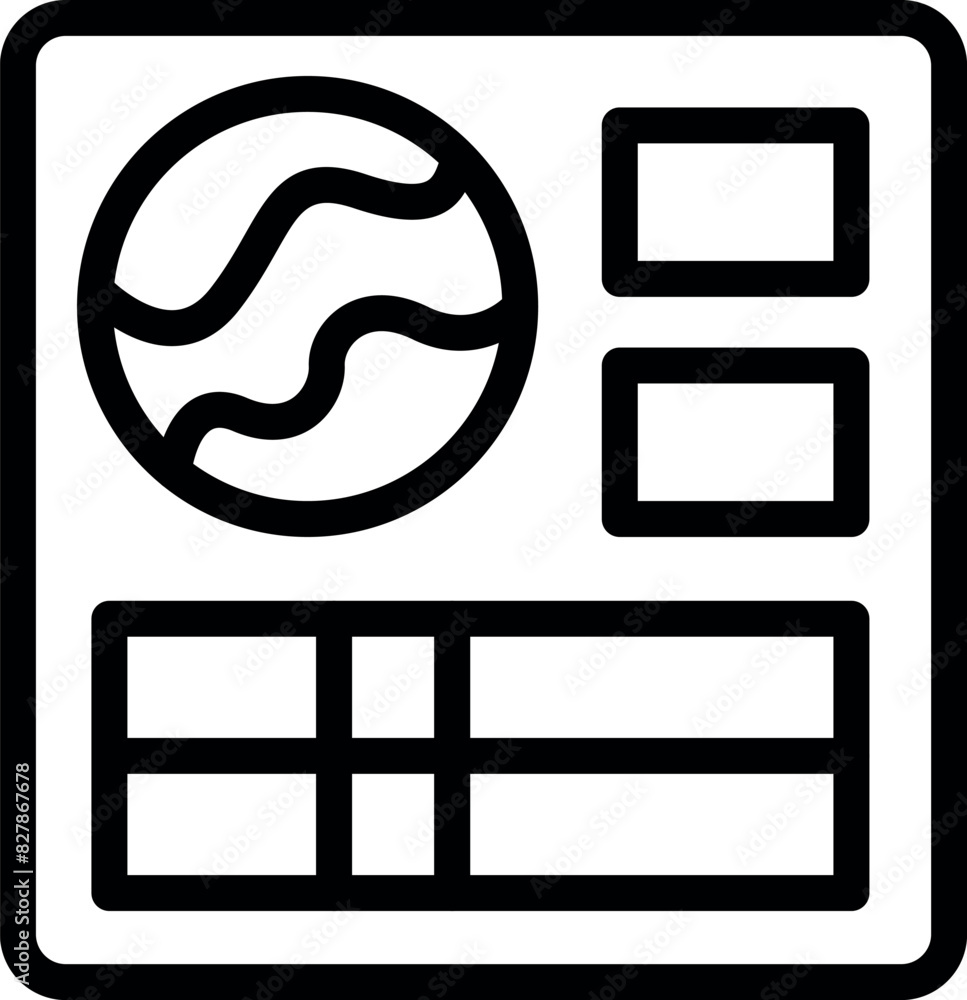 Poster black and white line art of a stylized website interface icon with various elements