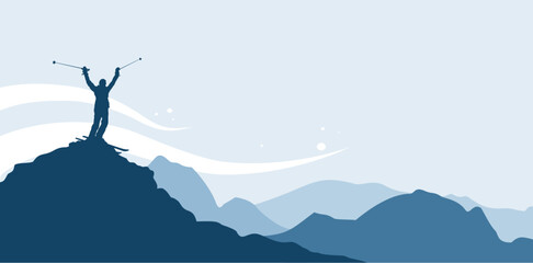 Silhouette of a skier standing on the top of the mountain, skiing - banner, background with empy space