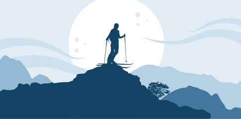 Silhouette of a skier standing on the top of the mountain, skiing - banner, background with empy space