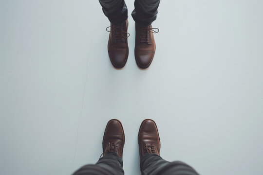 Two people wearing brown leather boots standing on a white floor looking at each other from above - Powered by Adobe