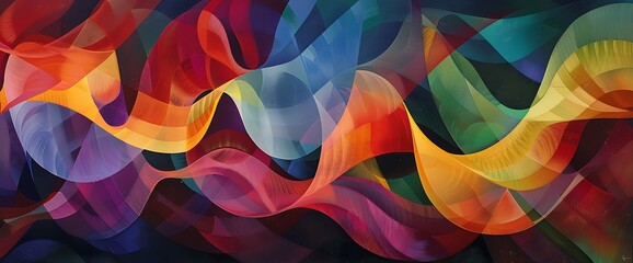 Ribbons of color intertwine in a hypnotic dance, weaving through a landscape of geometric shapes. Each strand seems to vibrate with energy, casting a warm, inviting glow.