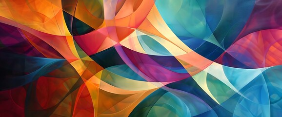 Ribbons of color intertwine in a hypnotic dance, weaving through a landscape of geometric shapes. Each strand seems to vibrate with energy, casting a warm, inviting glow.