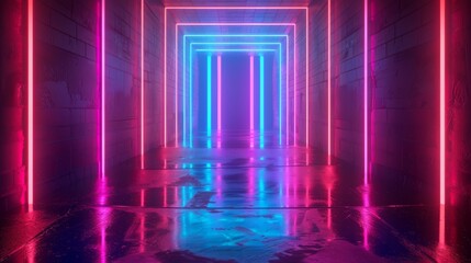 Neon light shapes on black background,rainbow colors, empty space, 80's retro style, fashion show stage, abstract background, 3d rendering,conceptual image. High quality photo