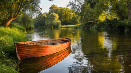 Vintage retro wooden fishing boat on green river or lake water surrounded by forest trees nature. Summer outdoor tranquil environment