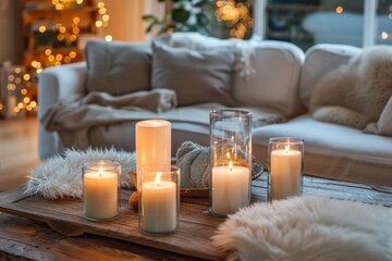 Candles and glass jars on the coffee table in front, creating an inviting atmosphere with soft...