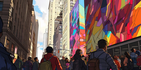 A bustling city street with people rushing about their daily routines, their eyes drawn to a colorful mural that stretches up the side of a tall building.