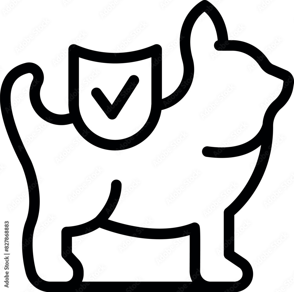 Poster minimalist line icon of a cat with a protective shield symbolizing safety and security