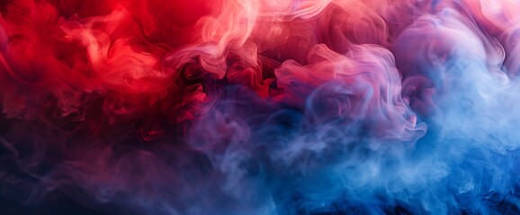 Fototapeta premium Layers of vivid red and blue smoke merging together, forming an abstract landscape of intense colors and dynamic energy.