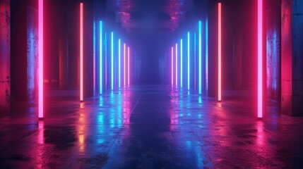 Laser Show, Stage Neon, Retro, Modern Sci Fi, Futuristic Elegant Future, Concrete Corridor, Dark Empty Showcase, Studio Room, Garage, Hallway, Portal, 3D Rendering Illustration. High quality photo