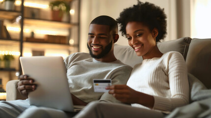 Young married couple, husband and wife, African American man and woman holding credit card and laptop for online shopping, sitting together on sofa couch, e-commerce purchase paying buying and smiling