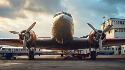 Old vintage retro cargo airplane on airport. Aircraft transport with propellers, classic historic vehicle machine