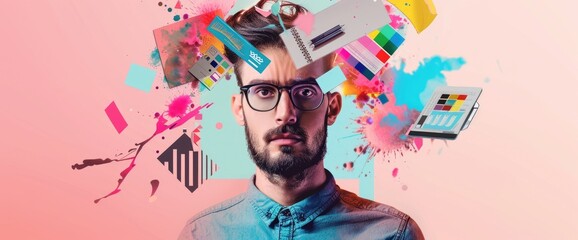 The image is a photo of a man wearing glasses with a beard. He is looking at the camera with a serious expression. His head is surrounded by colorful, abstract shapes. The image is set against a pink - Powered by Adobe