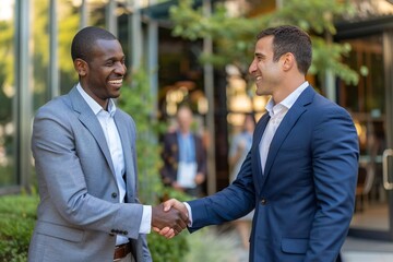 Candid photo of male Caucasian business professionals shaking hands at the end of the interview