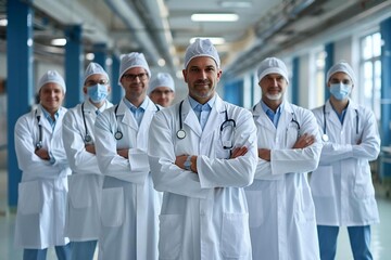 Full body photo of each male Caucasian doctor showcasing their unique medical specialties in their respective exam rooms