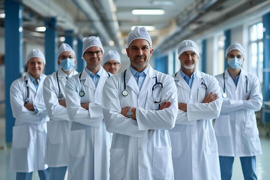 Full body photo of each male Caucasian doctor showcasing their unique medical specialties in their respective exam rooms