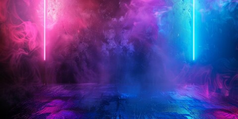 Fototapeta premium Futuristic Sci-Fi Abstract Blue And Purple Neon Light Shapes On Black Background And Reflective Concrete With Empty Space For Text 3D Rendering Illustration. High quality photo