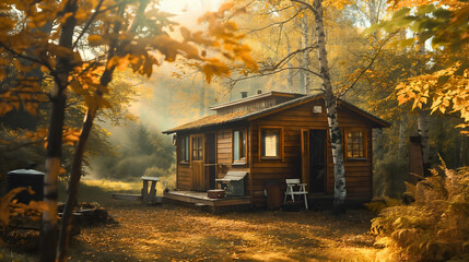 Cozy wooden cabin in orange and yellow autumn fall season forest wilderness nature. Outdoor travel cottage hut house or home, idyllic rural foliage vacation architecture, rural morning sunrise