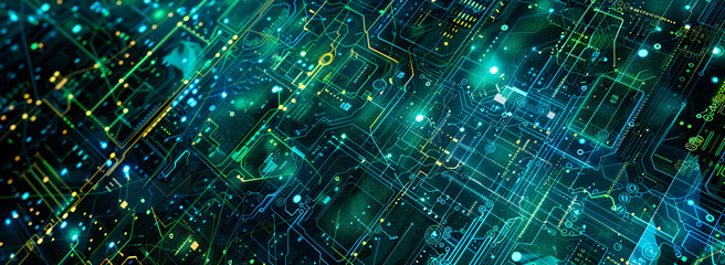 Obraz premium Blue and Green Glowing Digital Circuitry Techno Background,Futuristic Blue and Green Digital Circuitry Background