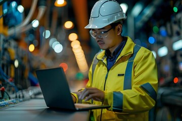 Close-up photo of an Asian male engineer monitoring systems using laptop in power plant control room