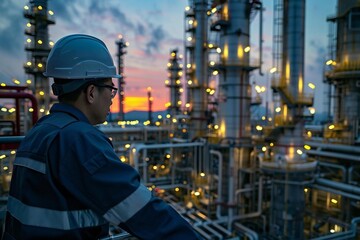 Side view photo of Asian male engineer inspecting emissions control systems at the refinery.