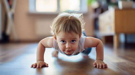 Closeup of a young little toddler boy kid or child doing a push-up exercise on the floor, working out or training in a home room interior with parquet floor, fitness