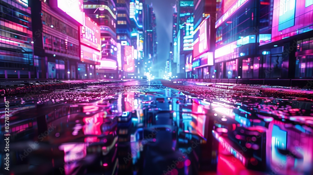 Poster 3d rendering of an abstract neon mega city with light reflections from puddles on the street. concep