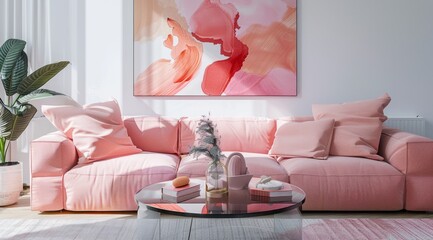 Cozy living room with a modern pink couch, abstract pink paintings, and a glass coffee table with pink coasters