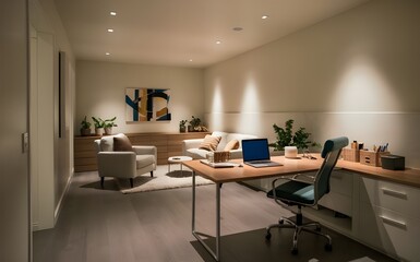 Modern home office in the living room, Convenient, comfortable, nice place to work, Remote work from home, Minimal interior decor design background.