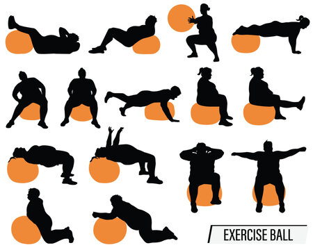 Set of 15 plus size silhouettes cutout vector icon sets doing various core exercises on stability ball isolated on white background. Fitness exercises on balance balls for weight loss and well-being. 