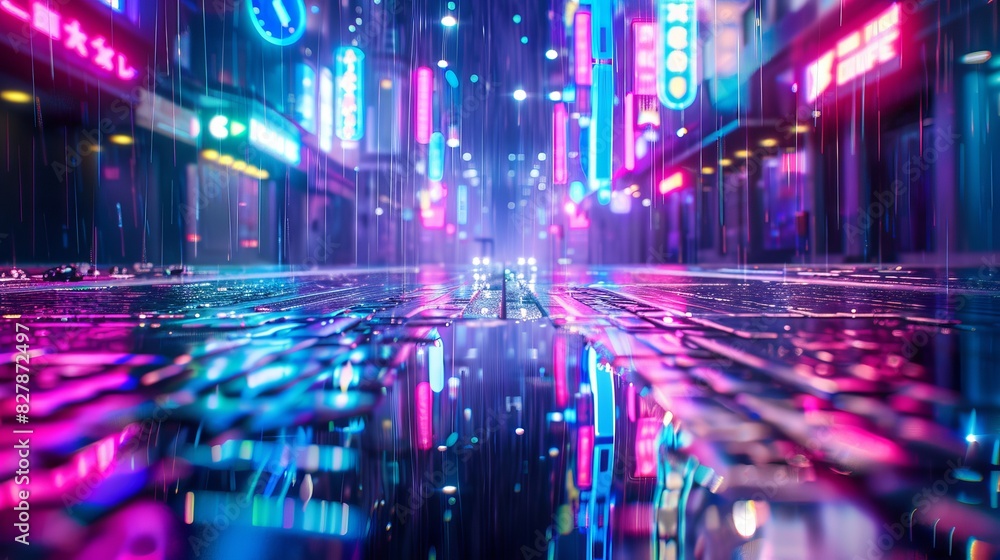 Poster 3d rendering of an abstract neon mega city with light reflections from puddles on the street. concep