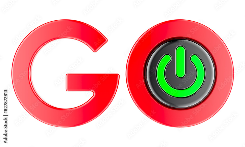Poster go, concept. red inscription with button, 3d rendering isolated on transparent background
