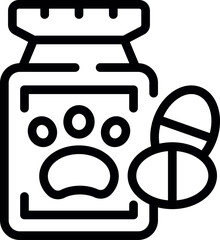 Black line icon featuring a pet medicine bottle next to a pill, depicting pet healthcare
