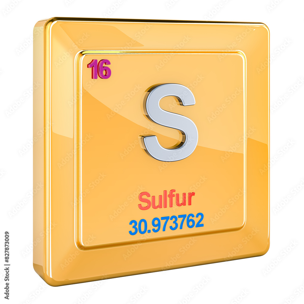 Poster sulfur s, chemical element sign with number 16 in periodic table. 3d rendering isolated on transpare