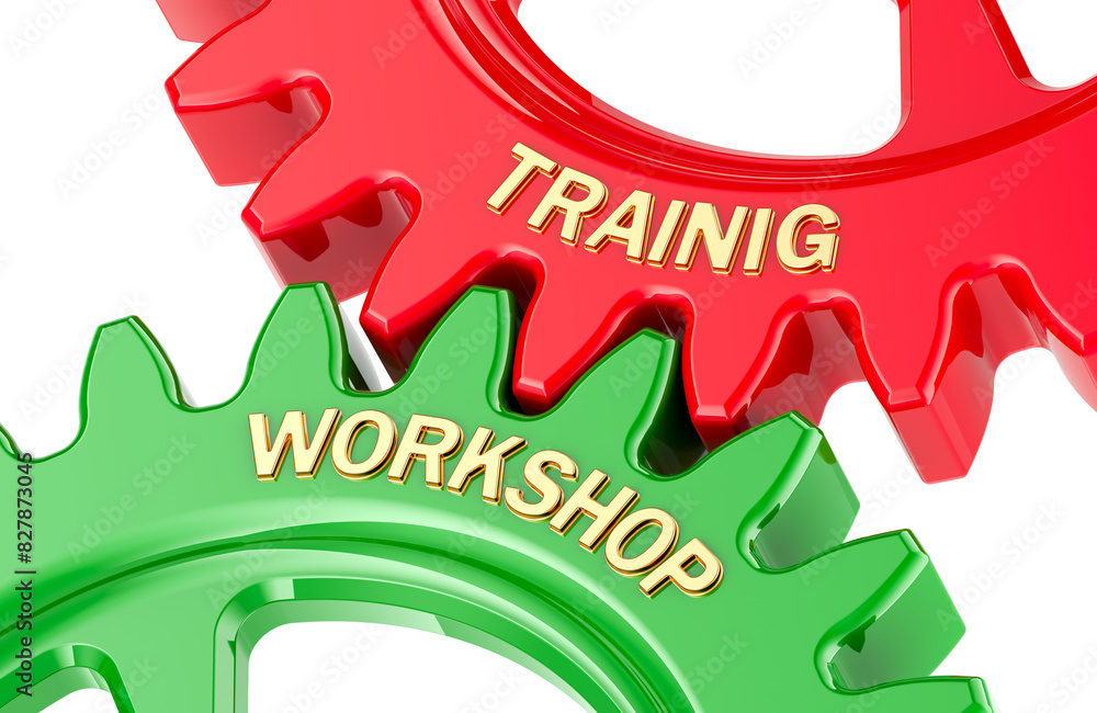 Poster training workshop concept with colored gearwheels. 3d rendering isolated on transparent background