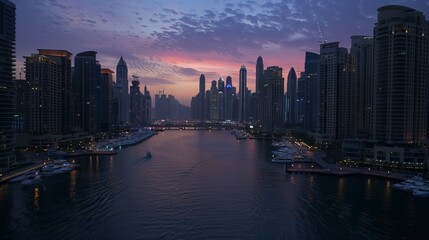 Fototapeta premium A view of Dubai Marina at dusk.