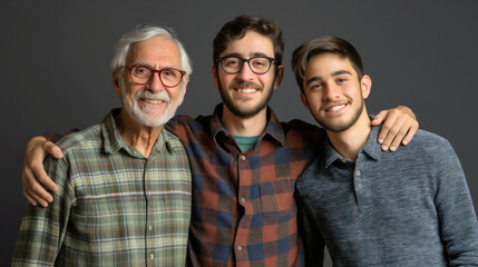 Grandfather, father and son, group of three men happy family generations together. Old man grandpa, middle aged man dad and young teenage boy portrait. Grandson, grandchildren, bonding