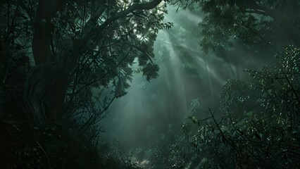 A dark forest with numerous trees shrouded in dense fog, A dense fog blanketing a mysterious and ancient forest