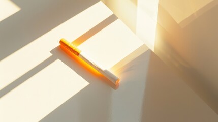 Cigarette resting on a white surface with an orange filter Top down perspective
