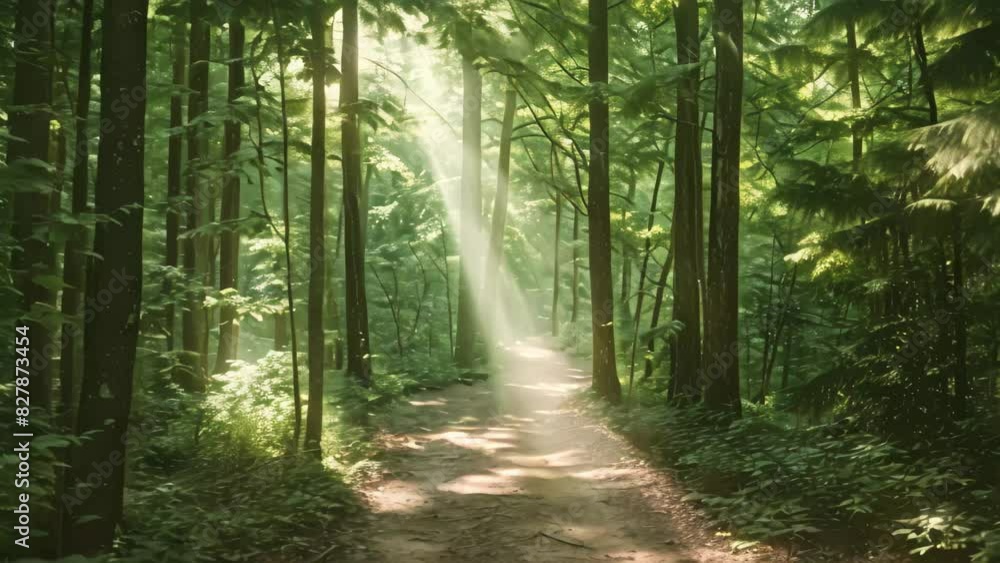Poster a path winds through a dense forest with sunlight filtering through the trees, a dense forest with d