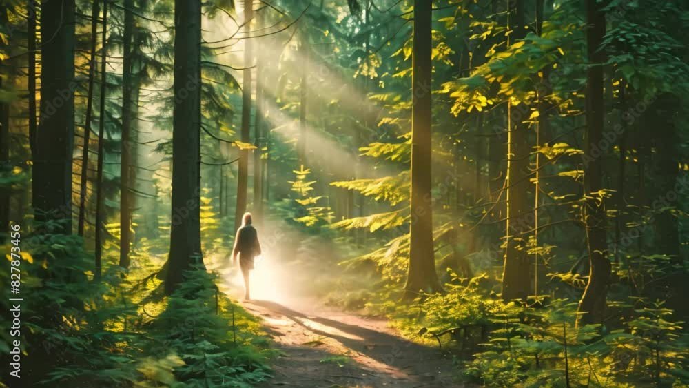 Poster A path winds through dense forest, surrounded by towering trees and dappled sunlight, A dense forest with dappled sunlight filtering through the trees onto the path