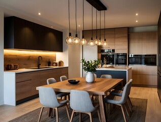 Sleek Kitchen Design with Glowing Pendant Lights and Dining Table