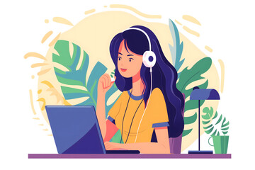 Young woman in headphones working at home. Vector illustration in flat style