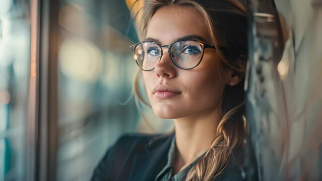 A woman wearing glasses gazes out a window with a thoughtful expression, A determined business woman making important decisions